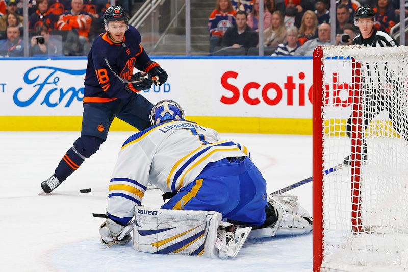 Mar 21, 2024; Edmonton, Alberta, CAN; Buffalo Sabres goaltender Ukko-Pekka Luukkonen (1) makes a save on  on Edmonton Oilers forward Zach Hyman (18) during the first period. at Rogers Place. Mandatory Credit: Perry Nelson-USA TODAY Sports