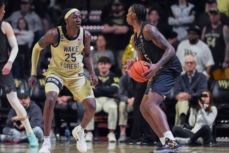 Jan 3, 2026; Winston-Salem, North Carolina, USA; Virginia Tech Hokies forward Sin'Cere Jones (5) handles the ball against Wake Forest Demon Deacons forward Tre'Von Spillers (25) during the first half at Lawrence Joel Veterans Memorial Coliseum. Mandatory Credit: Jim Dedmon-Imagn Images