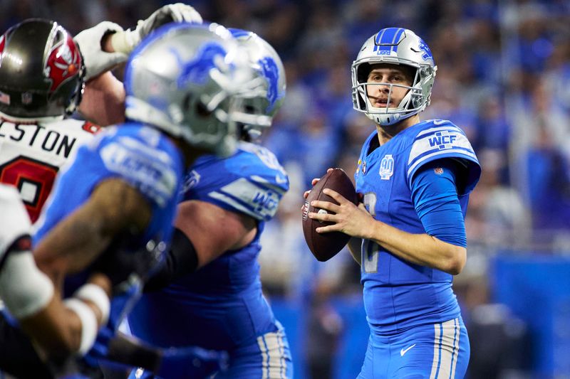 Detroit Lions quarterback Jared Goff (16) passes against the Tampa Bay Buccaneers in the second half during an NFL divisional round playoff football game Sunday, Jan. 21, 2024, in Detroit. (AP Photo/Rick Osentoski)