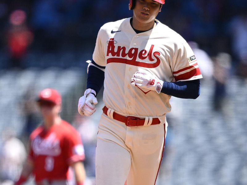 Aug 23, 2023; Anaheim, California, USA; Los Angeles Angels starting pitcher Shohei Ohtani (17) rounds the bases after hitting a two-run home run against the Cincinnati Reds during the first inning at Angel Stadium. Mandatory Credit: Orlando Ramirez-USA TODAY Sports