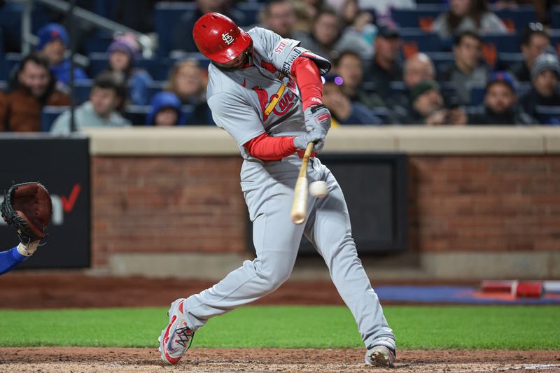 Apr 26, 2024; New York City, New York, USA; St. Louis Cardinals starting pitcher Kyle Gibson (44) singles during the sixth inning against the New York Mets at Citi Field. Mandatory Credit: Vincent Carchietta-USA TODAY Sports