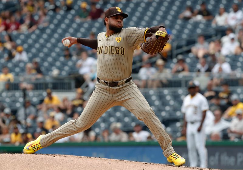 Aug 8, 2024; Pittsburgh, Pennsylvania, USA;  San Diego Padres starting pitcher Randy Vasquez (98) delivers against the Pittsburgh Pirates during the first inning at PNC Park. Mandatory Credit: Charles LeClaire-USA TODAY Sports