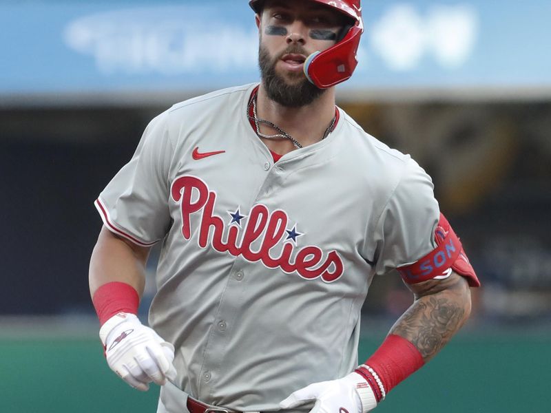 Jul 19, 2024; Pittsburgh, Pennsylvania, USA;  Philadelphia Phillies left fielder Weston Wilson (37) circles the bases on a solo home run against the Pittsburgh Pirates during the second inning at PNC Park. Mandatory Credit: Charles LeClaire-USA TODAY Sports