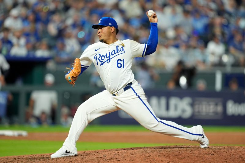 Oct 9, 2024; Kansas City, Missouri, USA; Kansas City Royals relief pitcher Angel Zerpa (61) pitches in the in the sixth inning against the New York Yankees during game three of the NLDS for the 2024 MLB Playoffs at Kauffman Stadium. Mandatory Credit: Jay Biggerstaff -Imagn Images