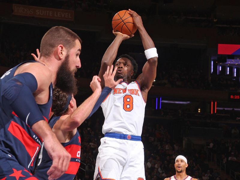 NEW YORK, NY - NOVEMBER 18: OG Anunoby #8 of the New York Knicks shoots the ball during the game against the Washington Wizards on November 18, 2024 at Madison Square Garden in New York City, New York.  NOTE TO USER: User expressly acknowledges and agrees that, by downloading and or using this photograph, User is consenting to the terms and conditions of the Getty Images License Agreement. Mandatory Copyright Notice: Copyright 2024 NBAE  (Photo by Nathaniel S. Butler/NBAE via Getty Images)