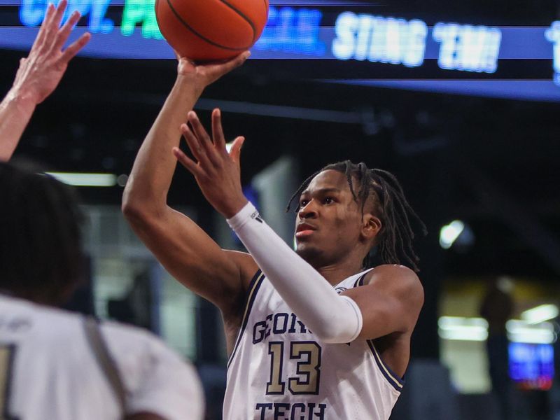 Feb 21, 2024; Atlanta, Georgia, USA; Georgia Tech Yellow Jackets guard Miles Kelly (13) shoots against the Clemson Tigers in the second half at McCamish Pavilion. Mandatory Credit: Brett Davis-USA TODAY Sports