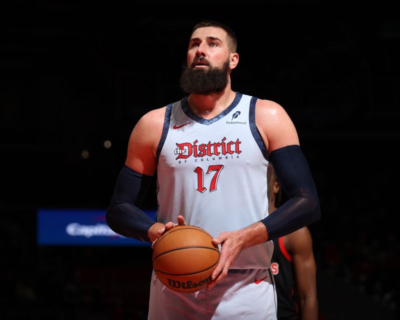 WASHINGTON, DC -?JANUARY 29: Jonas Valanciunas #17 of the Washington Wizards prepares to shoot a free throw during the game against the Toronto Raptors on January 29, 2025 at Capital One Arena in Washington, DC. NOTE TO USER: User expressly acknowledges and agrees that, by downloading and or using this Photograph, user is consenting to the terms and conditions of the Getty Images License Agreement. Mandatory Copyright Notice: Copyright 2025 NBAE (Photo by Stephen Gosling/NBAE via Getty Images)