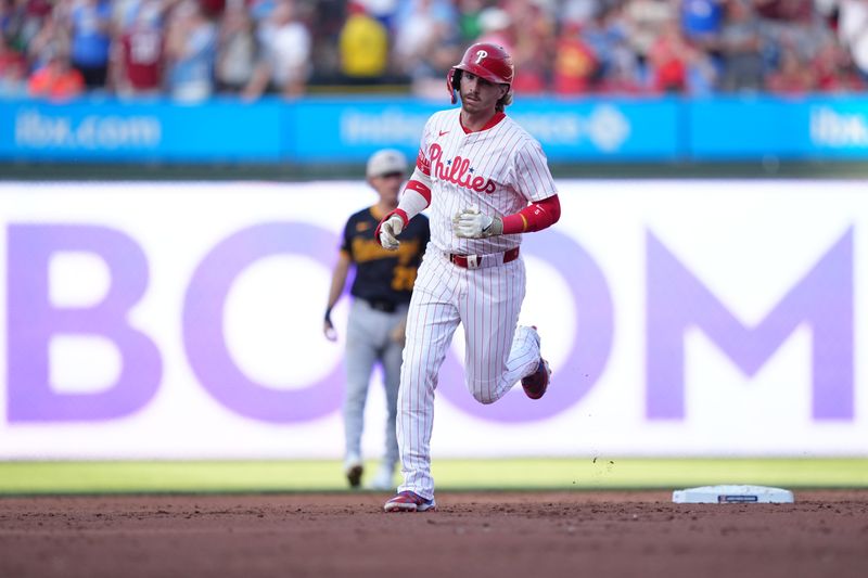 May 17, 2025; Philadelphia, Pennsylvania, USA; Philadelphia Phillies infielder Bryson Stott (5) rounds the bases after hitting a home run against the Pittsburgh Pirates in the third inning at Citizens Bank Park. Mandatory Credit: Kyle Ross-Imagn Images