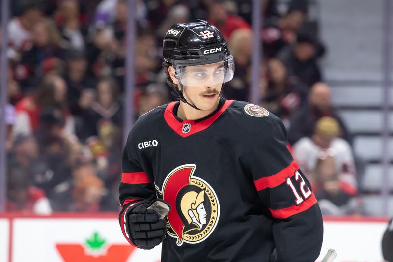 Oct 10, 2024; Ottawa, Ontario, CAN; Ottawa Senators center Shane Pinto (!2) skates in the second period against the Florida Panthers at the Canadian Tire Centre. Mandatory Credit: Marc DesRosiers-Imagn Images