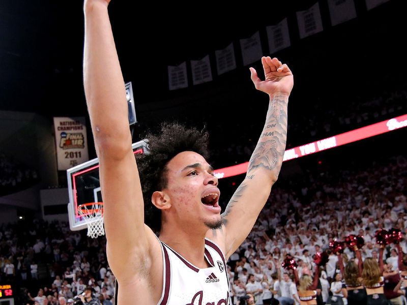 Jan 18, 2023; College Station, Texas, USA; Texas A&M Aggies forward Andersson Garcia (11) celebrates after the 54-52 win over the Florida Gators at Reed Arena. Mandatory Credit: Erik Williams-USA TODAY Sports
