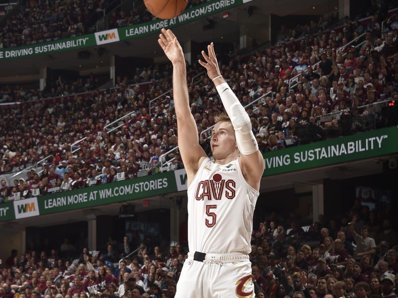 CLEVELAND, OH - MAY 4: Sam Merrill #5 of the Cleveland Cavaliers shoots a three point basket during the game against the Indiana Pacers during Round 2 Game 1 of the 2025 NBA Playoffs on May 4, 2025 at Rocket Arena in Cleveland, Ohio. NOTE TO USER: User expressly acknowledges and agrees that, by downloading and/or using this Photograph, user is consenting to the terms and conditions of the Getty Images License Agreement. Mandatory Copyright Notice: Copyright 2025 NBAE (Photo by David Liam Kyle/NBAE via Getty Images)