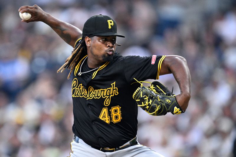 Aug 13, 2024; San Diego, California, USA; Pittsburgh Pirates starting pitcher Luis Ortiz (48) pitches against the San Diego Padres during the second inning at Petco Park. Mandatory Credit: Orlando Ramirez-USA TODAY Sports