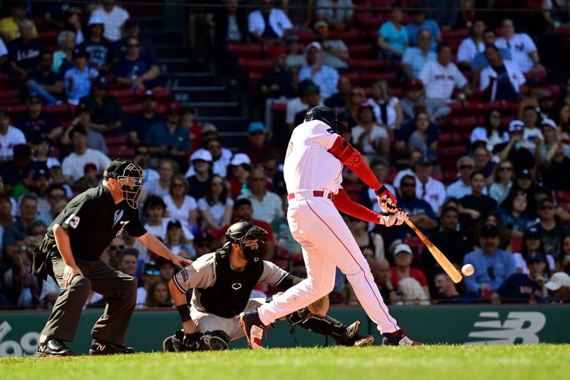 Sep 14, 2023; Boston, Massachusetts, USA; Boston Red Sox first baseman Triston Casas (36) hits a single against the New York Yankees during the third inning at Fenway Park. Mandatory Credit: Eric Canha-USA TODAY Sports