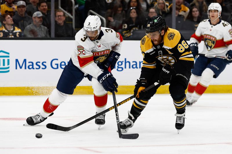Mar 11, 2025; Boston, Massachusetts, USA; Florida Panthers defenseman Seth Jones (3) tries to keep Boston Bruins right wing David Pastrnak (88) from the puck during the first period at TD Garden. Mandatory Credit: Winslow Townson-Imagn Images