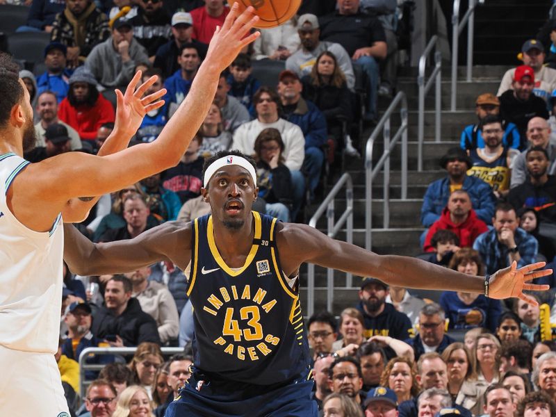 INDIANAPOLIS, IN - MARCH 7: Pascal Siakam #43 of the Indiana Pacers plays defense during the game against the Minnesota Timberwolves on March 7, 2024 at Gainbridge Fieldhouse in Indianapolis, Indiana. NOTE TO USER: User expressly acknowledges and agrees that, by downloading and or using this Photograph, user is consenting to the terms and conditions of the Getty Images License Agreement. Mandatory Copyright Notice: Copyright 2024 NBAE (Photo by Ron Hoskins/NBAE via Getty Images)