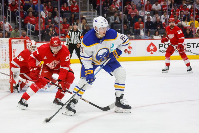 Nov 2, 2024; Detroit, Michigan, USA; Buffalo Sabres center Sam Lafferty (81) handles the puck during the third period of the game against the Detroit Red Wings at Little Caesars Arena. Mandatory Credit: Brian Bradshaw Sevald-Imagn Images