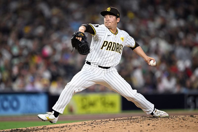 Jul 6, 2024; San Diego, California, USA; San Diego Padres relief pitcher Yuki Matsui (1) pitches against the Arizona Diamondbacks during the seventh inning at Petco Park. Mandatory Credit: Orlando Ramirez-USA TODAY Sports