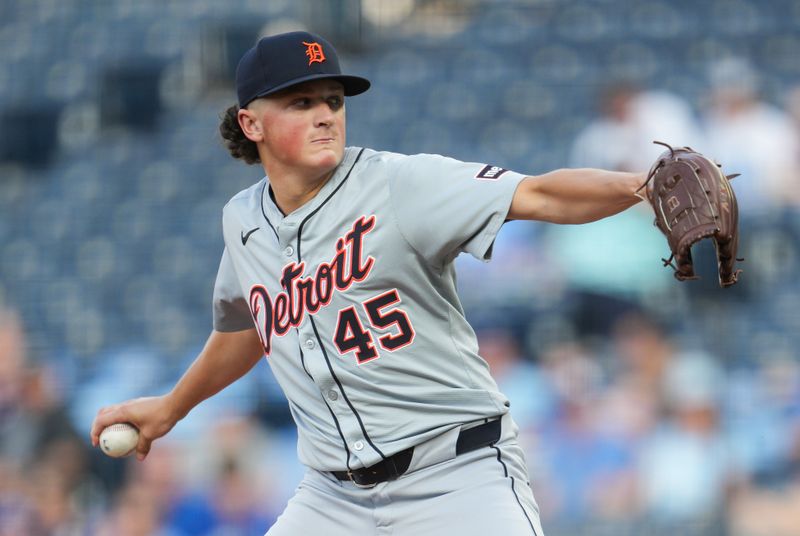 May 20, 2024; Kansas City, Missouri, USA; Detroit Tigers starting pitcher Reese Olson (45) pitches during the first inning against the Kansas City Royals at Kauffman Stadium. Mandatory Credit: Jay Biggerstaff-USA TODAY Sports