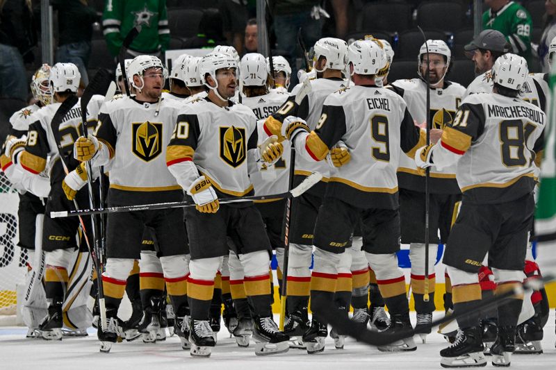 Apr 24, 2024; Dallas, Texas, USA; The Vegas Golden Knights celebrate the win over the Dallas Stars in game two of the first round of the 2024 Stanley Cup Playoffs at American Airlines Center. Mandatory Credit: Jerome Miron-USA TODAY Sports