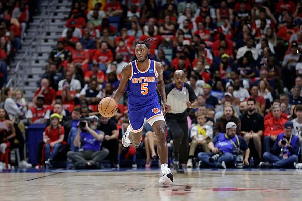 NEW ORLEANS, LA - OCTOBER 28: Immanuel Quickley #5 of the New York Knicks dribbles the ball during the game against the New Orleans Pelicans on October 28, 2023 at the Smoothie King Center in New Orleans, Louisiana. NOTE TO USER: User expressly acknowledges and agrees that, by downloading and or using this Photograph, user is consenting to the terms and conditions of the Getty Images License Agreement. Mandatory Copyright Notice: Copyright 2023 NBAE (Photo by Derick Hingle/NBAE via Getty Images)