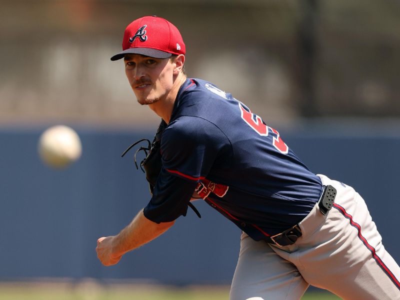 Mar 18, 2024; Port Charlotte, Florida, USA;  Atlanta Braves starting pitcher Max Fried (54) throws a pitch during the first inning against the Tampa Bay Rays at Charlotte Sports Park. Mandatory Credit: Kim Klement Neitzel-USA TODAY Sports