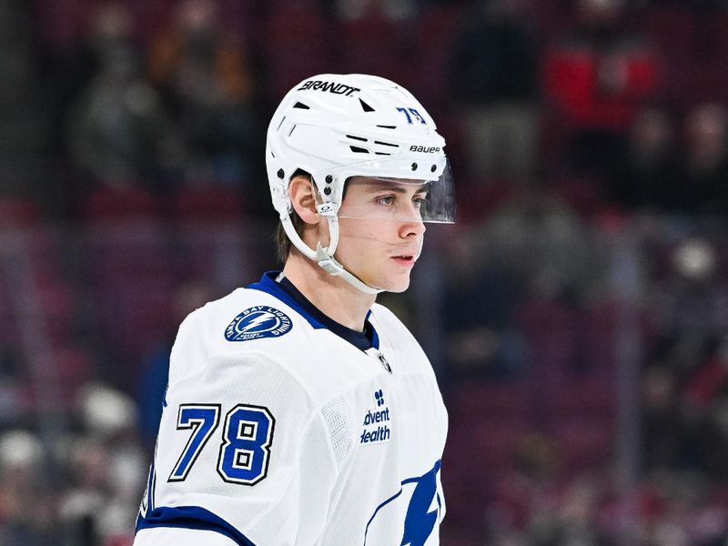 Jan 21, 2025; Montreal, Quebec, CAN; Tampa Bay Lightning defenseman Emil Lilleberg (78) looks on during warm-up before the game against the Montreal Canadiens at Bell Centre. Mandatory Credit: David Kirouac-Imagn Images