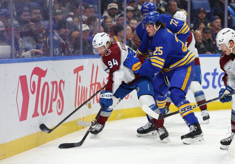 Dec 3, 2024; Buffalo, New York, USA;  Colorado Avalanche left wing Joel Kiviranta (94) and Buffalo Sabres defenseman Owen Power (25) battle for a loose puck during the first period at KeyBank Center. Mandatory Credit: Timothy T. Ludwig-Imagn Images