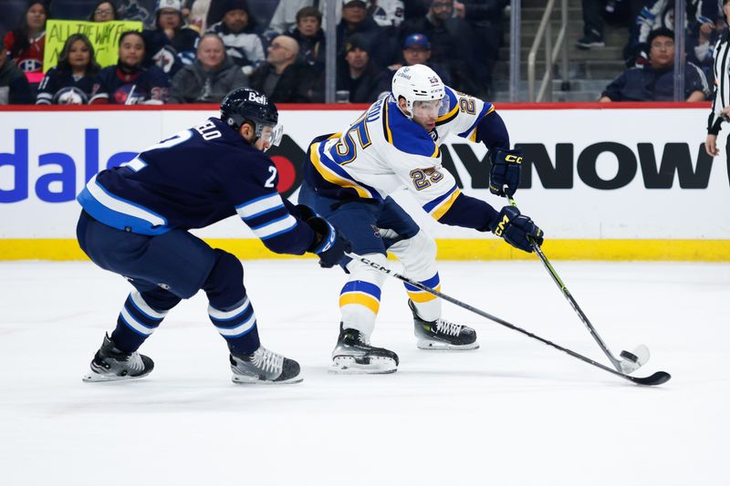 Feb 27, 2024; Winnipeg, Manitoba, CAN; St. Louis Blues forward Jordan Kyrou (25) skates away from Winnipeg Jets defenseman Dylan DeMelo (2) during the first period at Canada Life Centre. Mandatory Credit: Terrence Lee-USA TODAY Sports