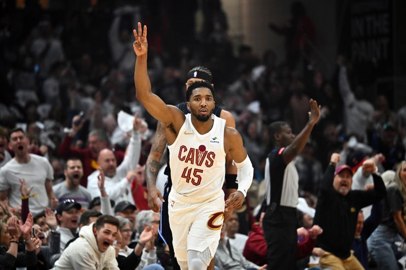 CLEVELAND, OHIO - APRIL 20: Donovan Mitchell #45 of the Cleveland Cavaliers celebrates after scoring during the first quarter of game one of the Eastern Conference First Round Playoffs against the Orlando Magic at Rocket Mortgage Fieldhouse on April 20, 2024 in Cleveland, Ohio. NOTE TO USER: User expressly acknowledges and agrees that, by downloading and or using this photograph, User is consenting to the terms and conditions of the Getty Images License Agreement. (Photo by Jason Miller/Getty Images)