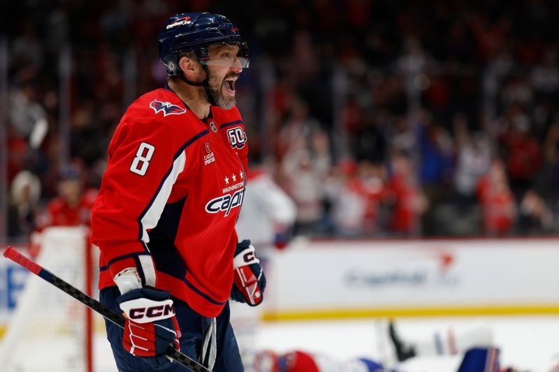 Oct 31, 2024; Washington, District of Columbia, USA; Washington Capitals left wing Alex Ovechkin (8) celebrates after scoring a goal on Montreal Canadiens goaltender Cayden Primeau (30) in the third period at Capital One Arena. Mandatory Credit: Geoff Burke-Imagn Images