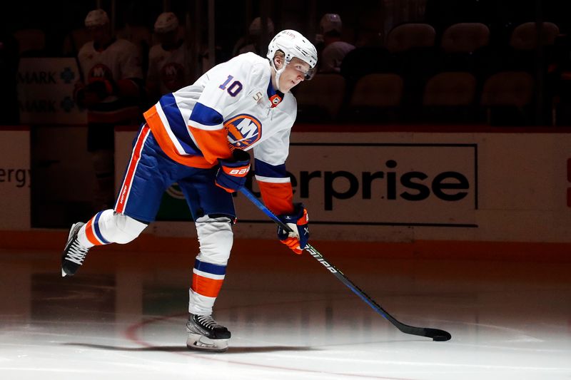 Mar 9, 2023; Pittsburgh, Pennsylvania, USA;  New York Islanders right wing Simon Holmstrom (10) takes the ice to warm up before the game against the Pittsburgh Penguins at PPG Paints Arena. Mandatory Credit: Charles LeClaire-USA TODAY Sports