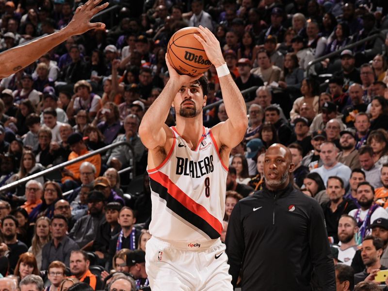 PHOENIX, AZ - NOVEMBER 2: Deni Avdija #8 of the Portland Trail Blazers shoots a three point basket during the game against the Phoenix Suns on November 2, 2024 at Footprint Center in Phoenix, Arizona. NOTE TO USER: User expressly acknowledges and agrees that, by downloading and or using this photograph, user is consenting to the terms and conditions of the Getty Images License Agreement. Mandatory Copyright Notice: Copyright 2024 NBAE (Photo by Kate Frese/NBAE via Getty Images)