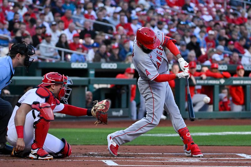 May 2, 2023; St. Louis, Missouri, USA;  Los Angeles Angels third baseman Anthony Rendon (6) hits a one run single against the St. Louis Cardinals during the first inning at Busch Stadium. Mandatory Credit: Jeff Curry-USA TODAY Sports