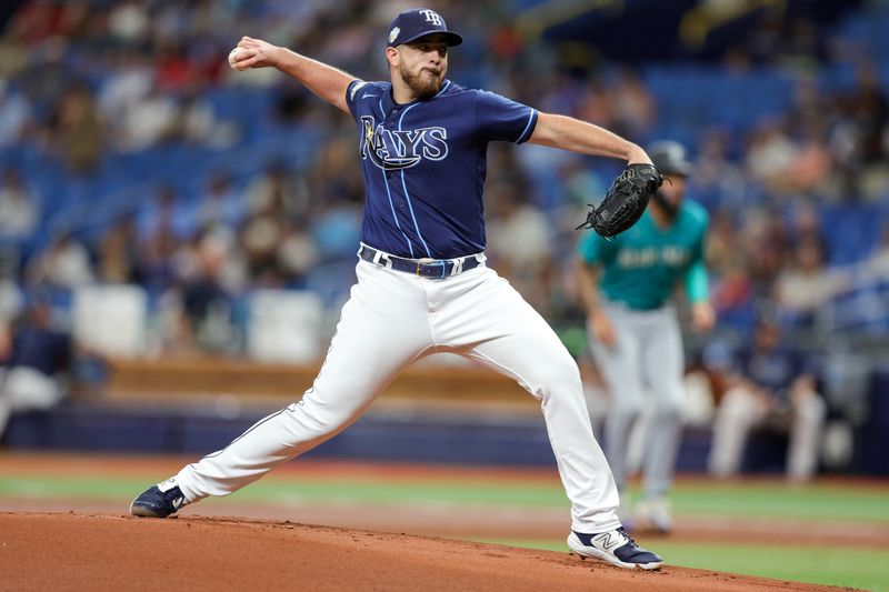 Sep 9, 2023; St. Petersburg, Florida, USA;  Tampa Bay Rays starting pitcher Aaron Civale (34) throws a pitch against the Seattle Mariners in the first inning at Tropicana Field. Mandatory Credit: Nathan Ray Seebeck-USA TODAY Sports