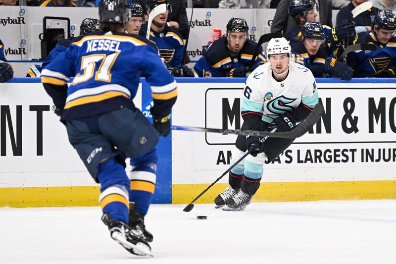 Apr 14, 2024; St. Louis, Missouri, USA; Seattle Kraken right wing Kailer Yamamoto (56) skates against the St. Louis Blues during the first period at Enterprise Center. Mandatory Credit: Jeff Le-USA TODAY Sports