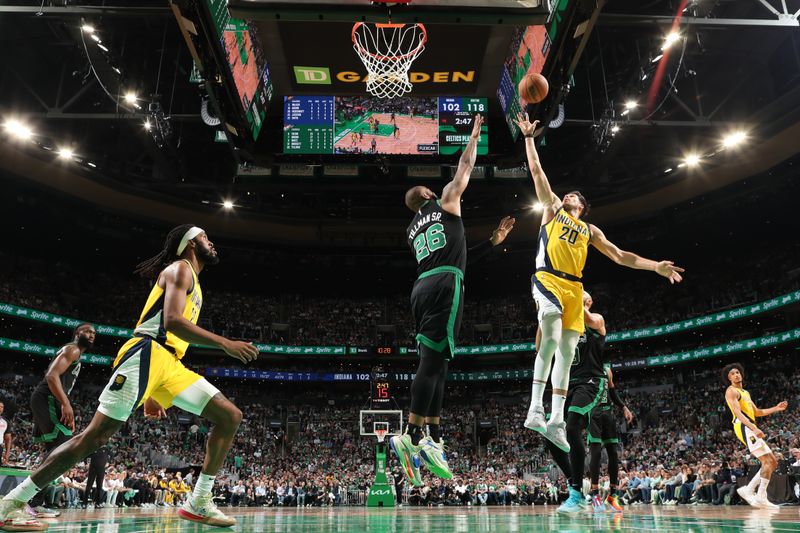 BOSTON, MA - MAY 23: Doug McDermott #20 of the Indiana Pacers drives to the basket during the game against the Boston Celtics during Game 2 of the Eastern Conference Finals of the 2024 NBA Playoffs on May 23, 2024 at the TD Garden in Boston, Massachusetts. NOTE TO USER: User expressly acknowledges and agrees that, by downloading and or using this photograph, User is consenting to the terms and conditions of the Getty Images License Agreement. Mandatory Copyright Notice: Copyright 2024 NBAE  (Photo by Nathaniel S. Butler/NBAE via Getty Images)