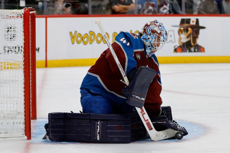 Nov 11, 2025; Denver, Colorado, USA; Colorado Avalanche goaltender Scott Wedgewood (41) makes a save in the third period against the Anaheim Ducks at Ball Arena. Mandatory Credit: Isaiah J. Downing-Imagn Images