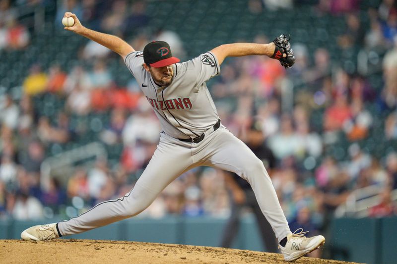 Sep 12, 2025; Minneapolis, Minnesota, USA; Arizona Diamondbacks pitcher Ryan Thompson (81) pitches against the Minnesota Twins in the sixth inning at Target Field. Mandatory Credit: Matt Blewett-Imagn Images