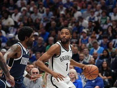 DALLAS, TX - OCTOBER 27: Mikal Bridges #1 of the Brooklyn Nets dribbles the ball during the game against the Dallas Mavericks on October 27, 2023 at the American Airlines Center in Dallas, Texas. NOTE TO USER: User expressly acknowledges and agrees that, by downloading and or using this photograph, User is consenting to the terms and conditions of the Getty Images License Agreement. Mandatory Copyright Notice: Copyright 2023 NBAE (Photo by Glenn James/NBAE via Getty Images)