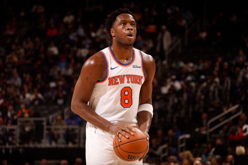 DETROIT, MI - NOVEMBER 1: OG Anunoby #8 of the New York Knicks shoots a free throw during the game against the Detroit Pistons on November 1, 2024 at Little Caesars Arena in Detroit, Michigan. NOTE TO USER: User expressly acknowledges and agrees that, by downloading and/or using this photograph, User is consenting to the terms and conditions of the Getty Images License Agreement. Mandatory Copyright Notice: Copyright 2024 NBAE (Photo by Brian Sevald/NBAE via Getty Images)