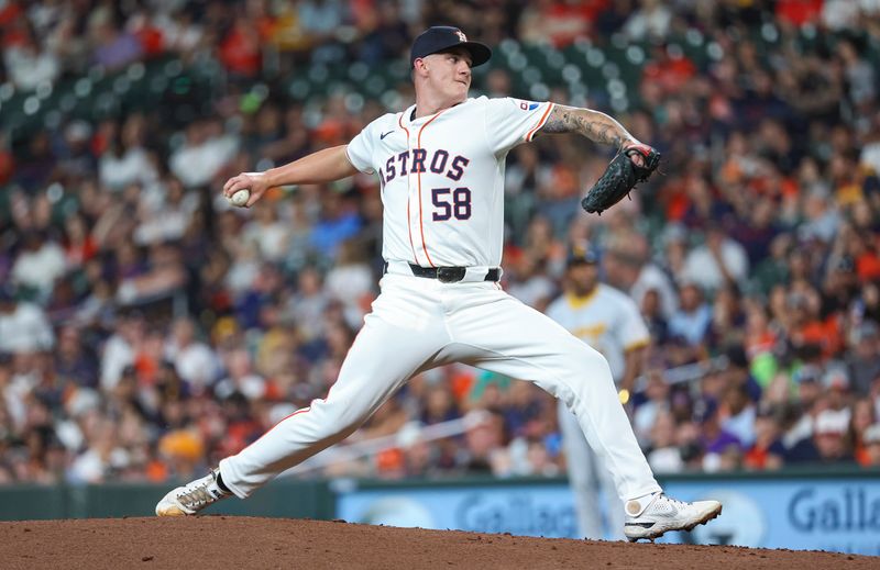 Jul 30, 2024; Houston, Texas, USA; Houston Astros starting pitcher Hunter Brown (58) delivers a pitch during the second inning against the Pittsburgh Pirates at Minute Maid Park. Mandatory Credit: Troy Taormina-USA TODAY Sports