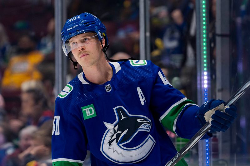 Nov 15, 2023; Vancouver, British Columbia, CAN; Vancouver Canucks forward Elias Pettersson (40 skates during warm up prior to a game against the New York Islanders at Rogers Arena. Mandatory Credit: Bob Frid-USA TODAY Sports