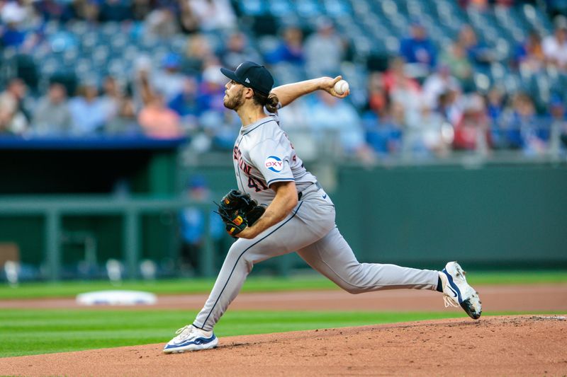 Apr 10, 2024; Kansas City, Missouri, USA; Houston Astros pitcher Spencer Arrighetti (41) pitching during the first inning against the Kansas City Royals at Kauffman Stadium. Mandatory Credit: William Purnell-USA TODAY Sports