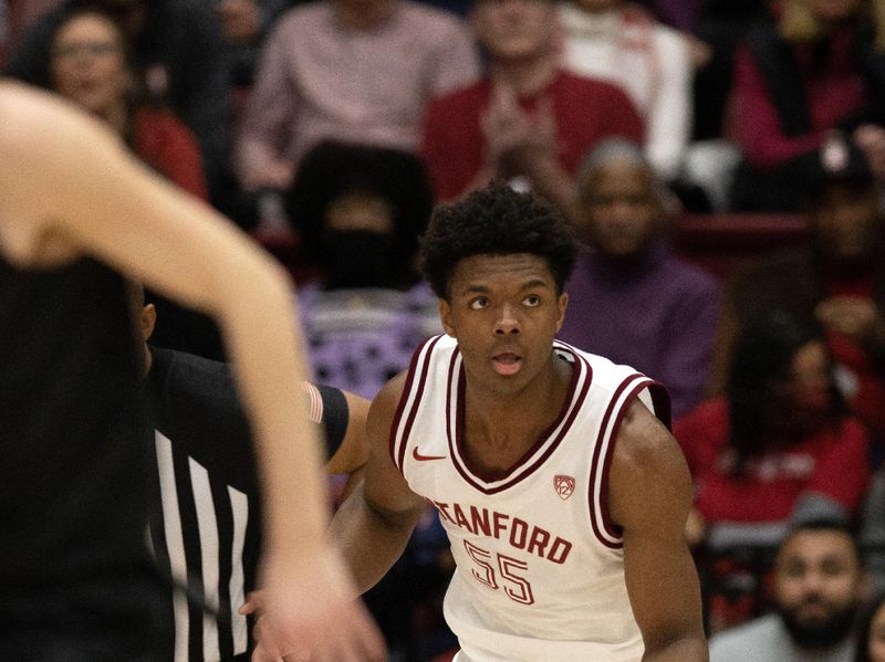 Feb 26, 2023; Stanford, California, USA; Stanford Cardinal forward Harrison Ingram (55) brings the ball up court against the Washington Huskies during the first half at Maples Pavilion. Mandatory Credit: D. Ross Cameron-USA TODAY Sports