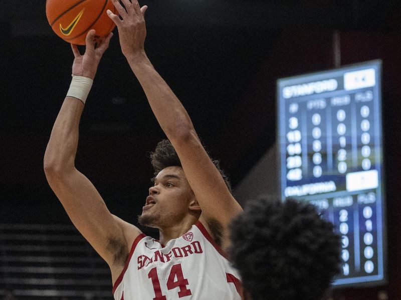 Mar 7, 2024; Stanford, California, USA; Stanford Cardinal forward Spencer Jones (14) takes a three point shot against California Golden Bears forward Grant Newell (14) during the first quarter at Maples Pavillion. Mandatory Credit: Neville E. Guard-USA TODAY Sports