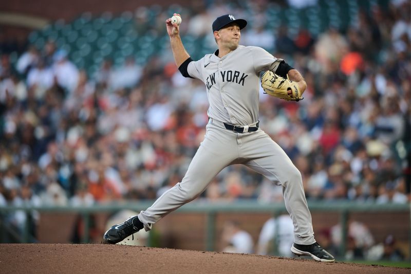 Jun 1, 2024; San Francisco, California, USA; New York Yankees starting pitcher Cody Poteet (72) throws a pitch against the San Francisco Giants during the first inning at Oracle Park. Mandatory Credit: Robert Edwards-USA TODAY Sports