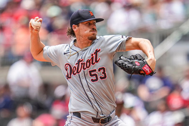 Jun 19, 2024; Cumberland, Georgia, USA; Detroit Tigers relief pitcher Mason Englert (53) pitches against the Atlanta Braves during the seventh inning at Truist Park. Mandatory Credit: Dale Zanine-USA TODAY Sports