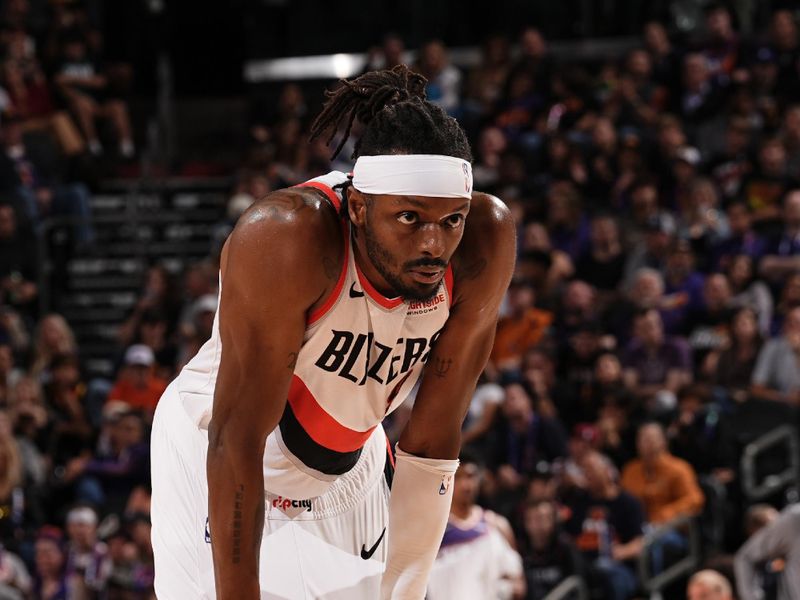 PHOENIX, AZ - NOVEMBER 2: Jerami Grant #9 of the Portland Trail Blazers looks on during the game against the Phoenix Suns on November 2, 2024 at Footprint Center in Phoenix, Arizona. NOTE TO USER: User expressly acknowledges and agrees that, by downloading and or using this photograph, user is consenting to the terms and conditions of the Getty Images License Agreement. Mandatory Copyright Notice: Copyright 2024 NBAE (Photo by Kate Frese/NBAE via Getty Images)