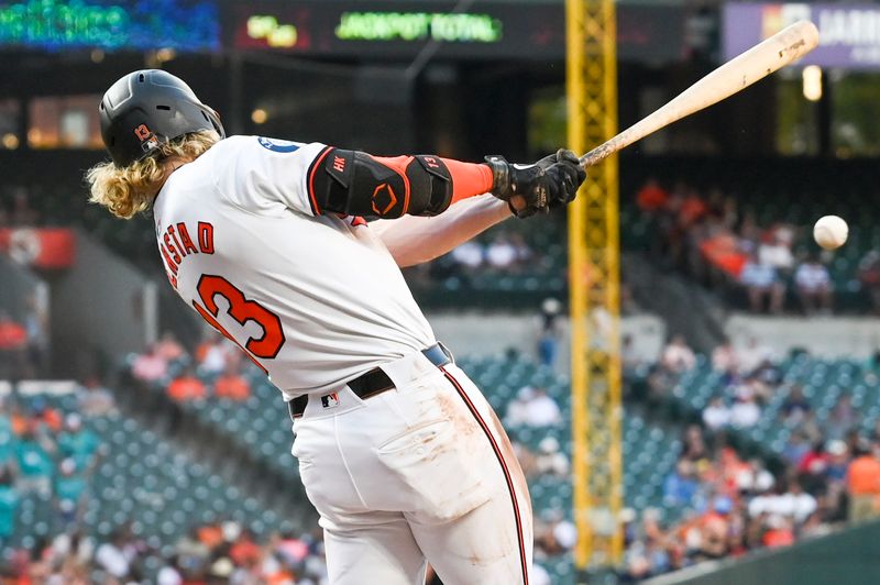 Jun 24, 2024; Baltimore, Maryland, USA; Baltimore Orioles left fielder Heston Krerstad (13)  hits a third inning single against the Cleveland Guardians at Oriole Park at Camden Yards. Mandatory Credit: Tommy Gilligan-USA TODAY Sports