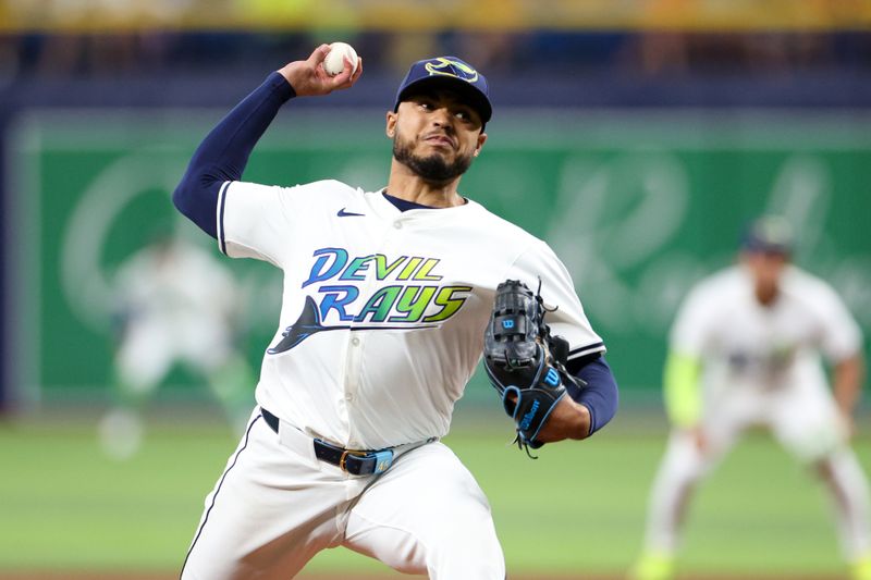 Jul 12, 2024; St. Petersburg, Florida, USA;  Tampa Bay Rays pitcher Taj Bradley (45) throws a pitch against the Cleveland Guardians in the second inning at Tropicana Field. Mandatory Credit: Nathan Ray Seebeck-USA TODAY Sports